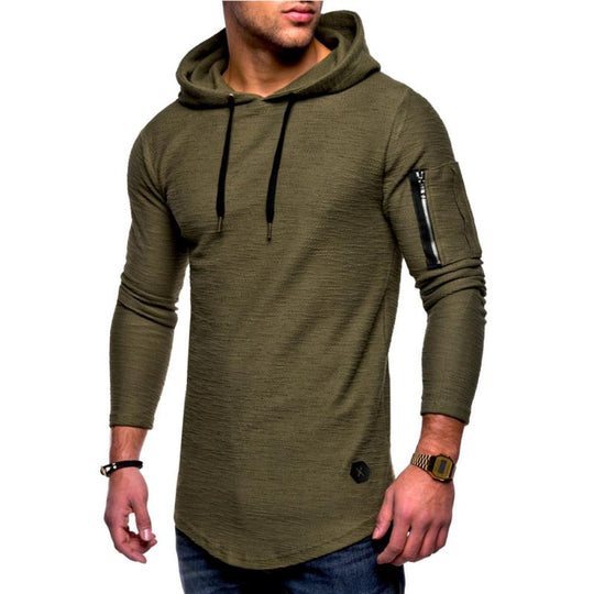 Men's Classic Casual Arm Zipper Solid Color Crew Neck Hooded Long Sleeve T-Shirt 9261141917880