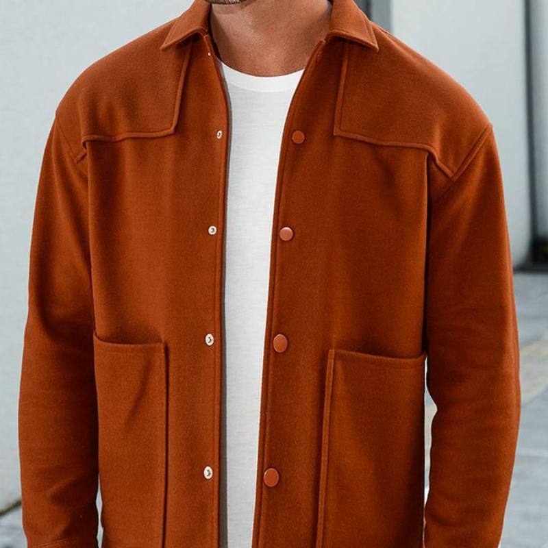 Men's Casual Wool Blend Lapel Single Breasted Loose Long Sleeve Shirt 9887360942264