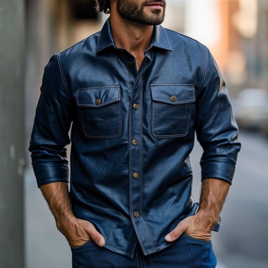 Men's Casual Dark Blue Lapel Long Sleeve Leather Shirt 9879658856632