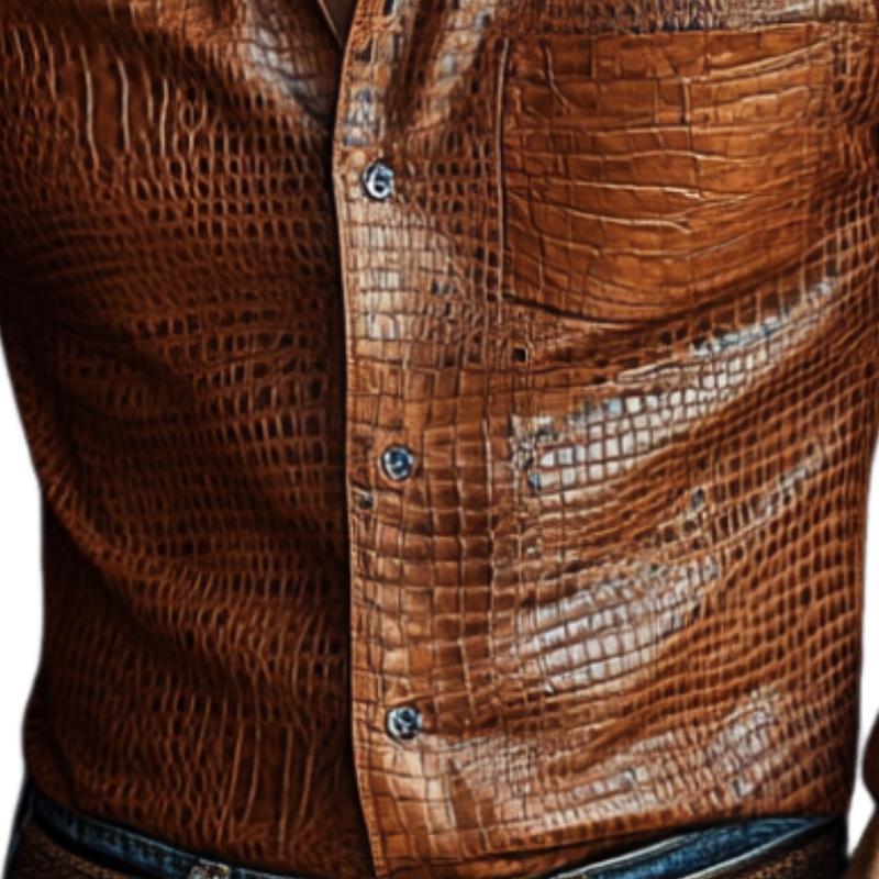 Men's Vintage Distressed Lapel Textured Leather Shirt 9886816403640