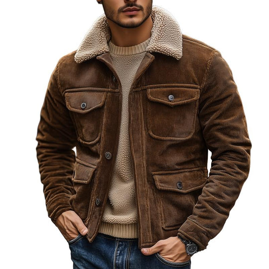 Men's Fleece Lapel Corduroy Multi-pocket Single Breasted Cargo Jacket 9879659741368