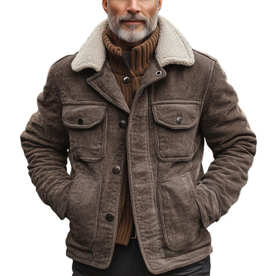 Men's Fleece Lapel Corduroy Multi-pocket Single Breasted Cargo Jacket 9879659806904