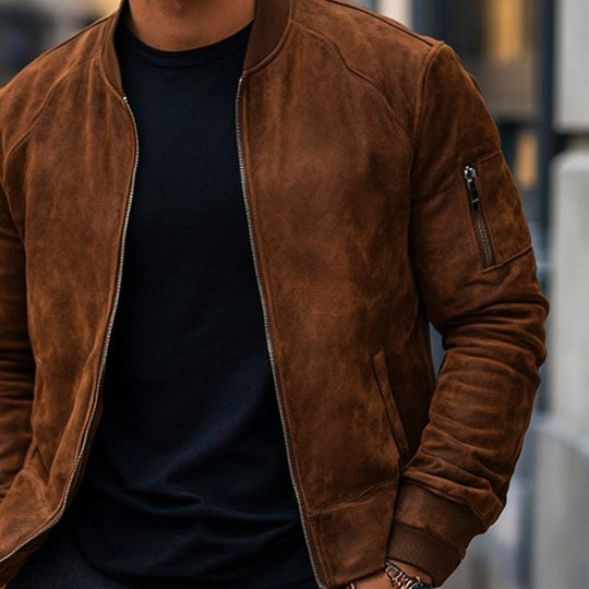 Men's Solid Color Suede Stand Collar Zipper Jacket 9882787872952