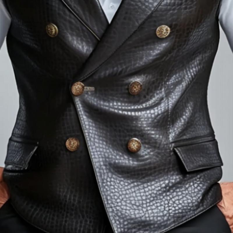 Men's Fashion Retro Lychee Texture Double Breasted Leather Vest 9883355185336