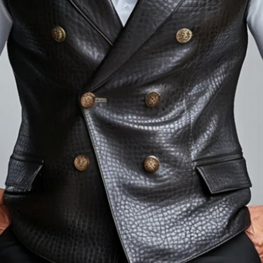 Men's Fashion Retro Lychee Texture Double Breasted Leather Vest 9883355185336