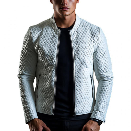 Men's Fashion Casual Diamond Texture Slim Fit Leather Jacket 9877641986232
