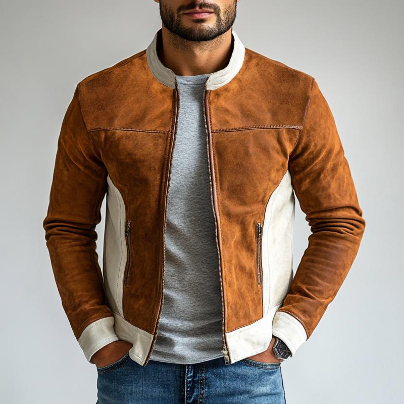 Men's Fashion Suede Colorblock Zipper Stand Collar Jacket 9877643165880