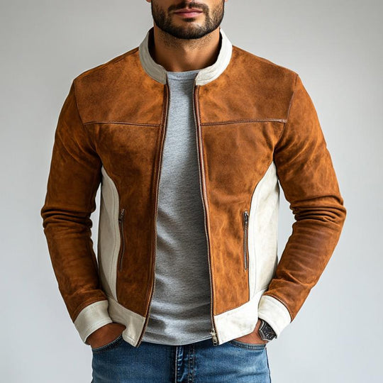 Men's Fashion Suede Colorblock Zipper Stand Collar Jacket 9877643165880
