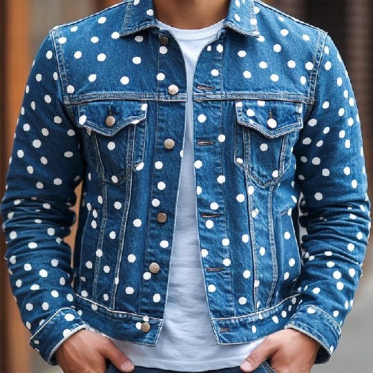 Men's Casual Lapel Polka Dot Denim Jacket 9886819254456