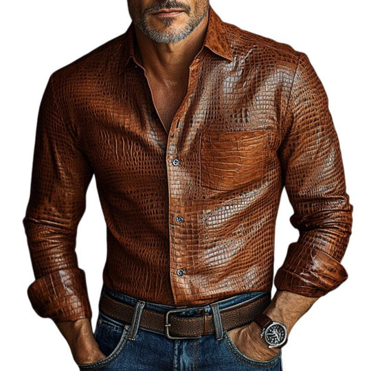 Men's Vintage Distressed Lapel Textured Leather Shirt 9886816403640
