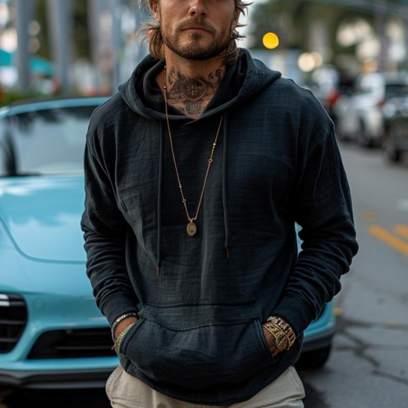 Men's Retro Solid Kangaroo Pocket Hoodie DTT25082008