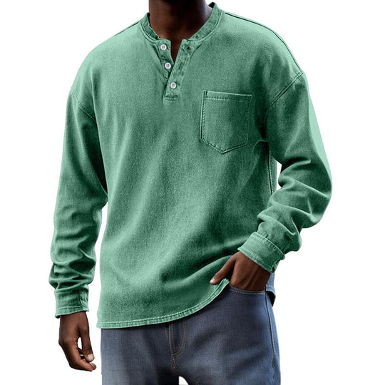 Men's Solid Henley Collar Chest Pocket Long Sleeve T-shirt 9261142442168