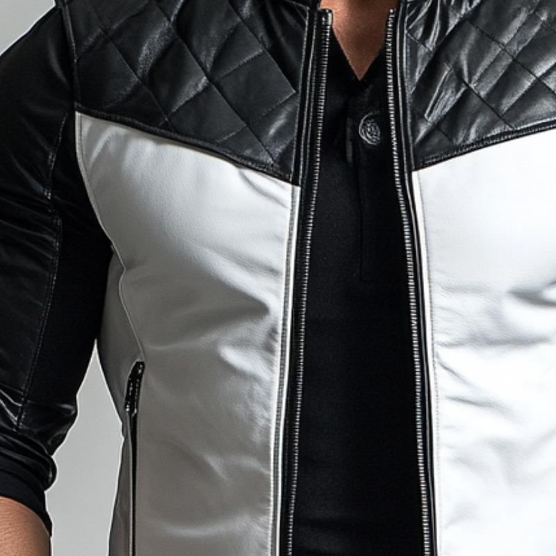 Men's Vintage Motorcycle Colorblock Zipper Stand Collar Leather Vest 9877642805432