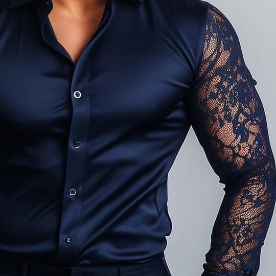 Men's Fashion Satin Lace Slim Fit Long Sleeve Shirt 9886816796856