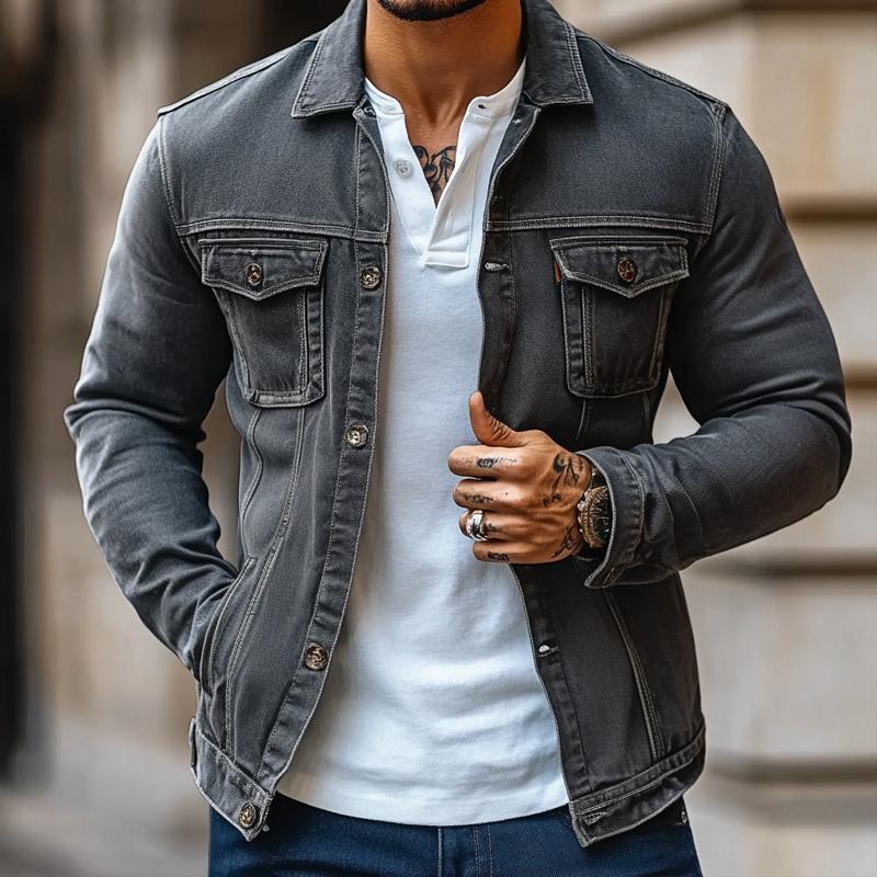 Men's Fashion Lapel Chest Pocket Single Breasted Denim Jacket 9882788266168