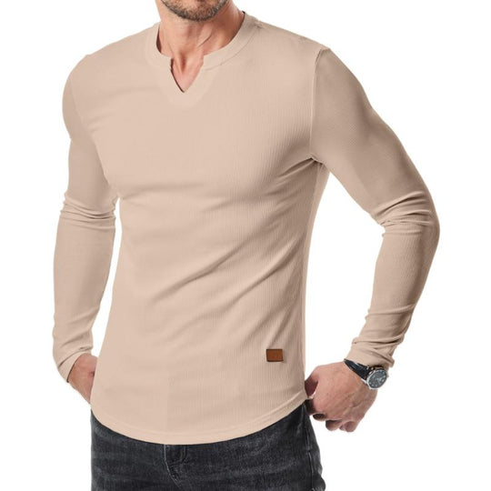 Men's Casual Solid Color Striped V-Neck Slim Fit Long Sleeve T-Shirt 9261136478392