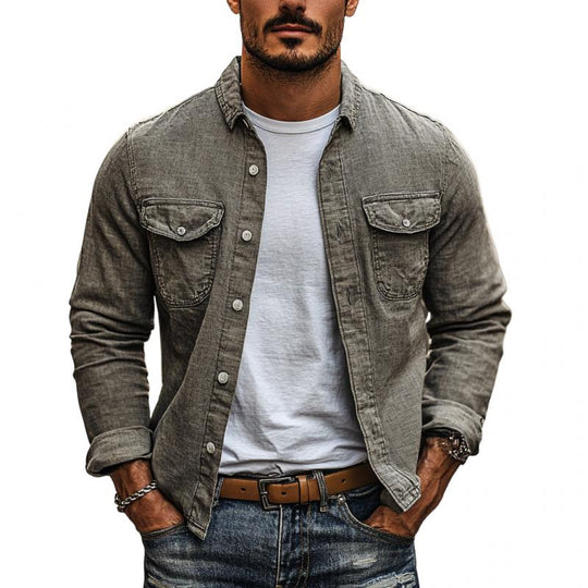 Men's Casual Cotton Linen Lapel Chest Pocket Slim Fit Long Sleeve Shirt 9885320380600