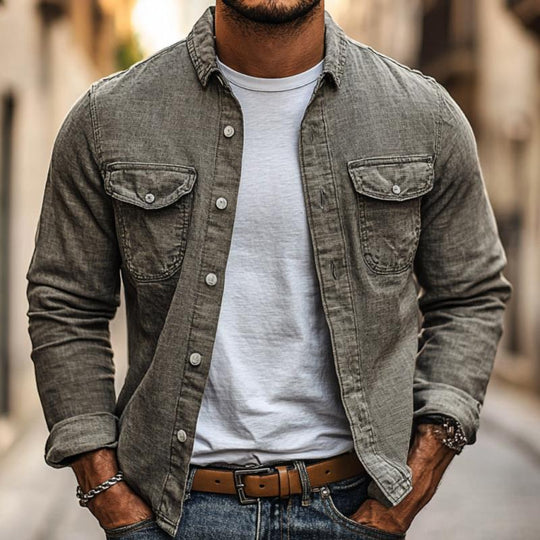 Men's Casual Cotton Linen Lapel Chest Pocket Slim Fit Long Sleeve Shirt 9885320380600