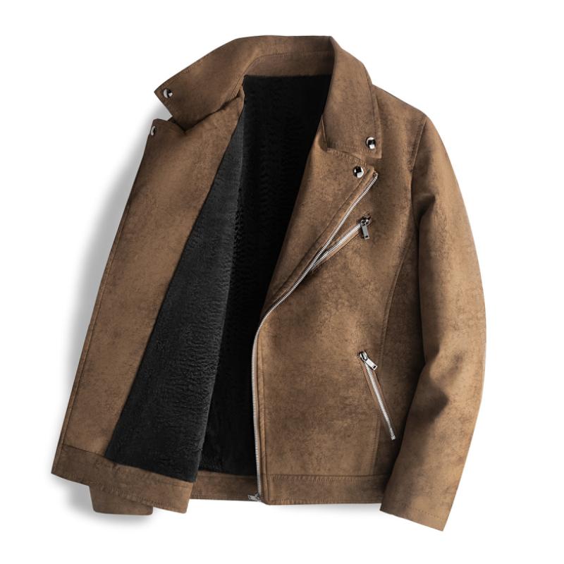 Men's Retro Notch Lapel Fleece Slim Diagonal Zipper Leather Jacket 9261093454008