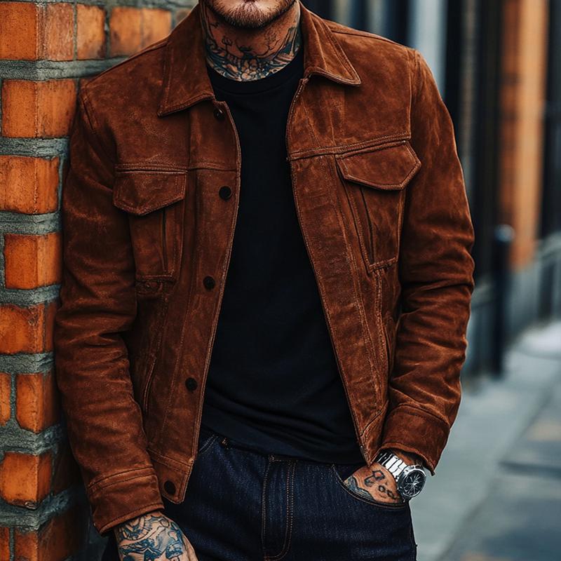 Men's Solid Color Suede Lapel Single Breasted Jacket 9882787971256