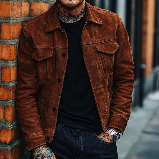 Men's Solid Color Suede Lapel Single Breasted Jacket 9882787971256