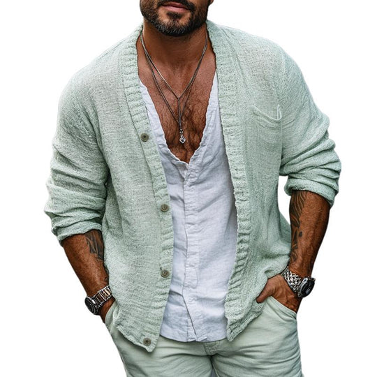Men's Fashion Solid Color Collarless Long Sleeve Loose Shirt 9886819025080
