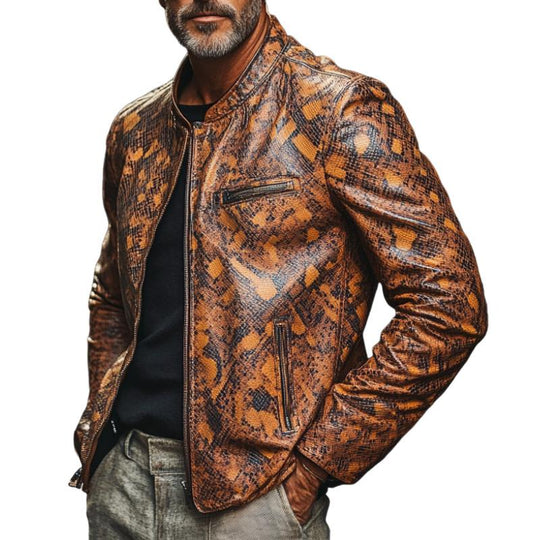 Men's Stylish Stand Collar Zippered Python Print Leather Jacket 9888004669624