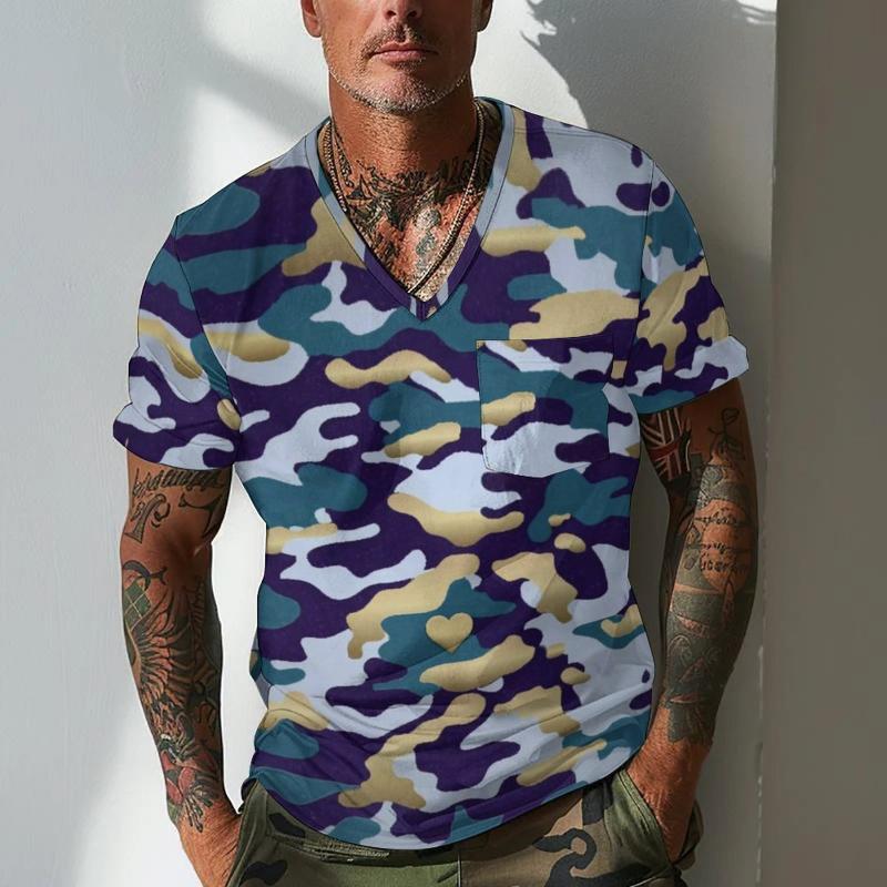 Men's Camouflage V Neck Breast Pocket Short Sleeve T-shirt 9261140508856