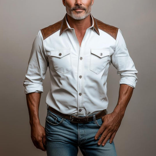 Men's Fashion Paneled Leather Collar Double Chest Pockets Long Sleeve Shirt 9883356528824