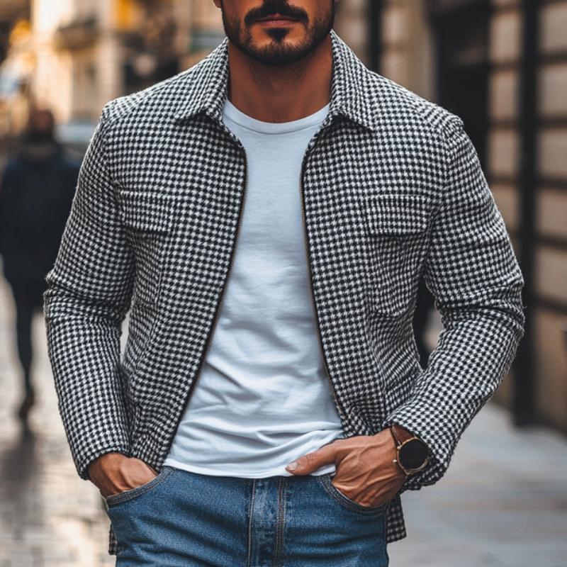 Men's Casual Houndstooth Lapel Multi-Pocket Zipper Slim Fit Jacket Dtt25081915