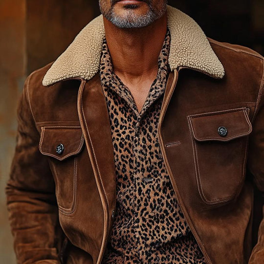 Men's Vintage Suede Fleece Lapel Chest Pocket Single Breasted Jacket 9879659839672