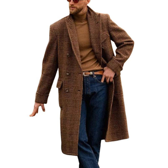 Men's Classic Casual Multi-Pocket Knee-Length Houndstooth Double-Breasted Coat 9261107871928