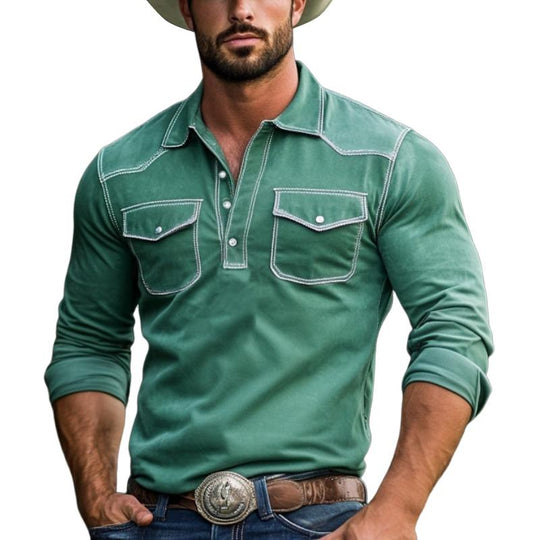 Men's Fashion Western Style Slim Fit Long Sleeve Polo Shirt 9882786136248