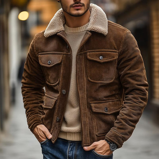 Men's Fleece Lapel Corduroy Multi-pocket Single Breasted Cargo Jacket 9879659741368
