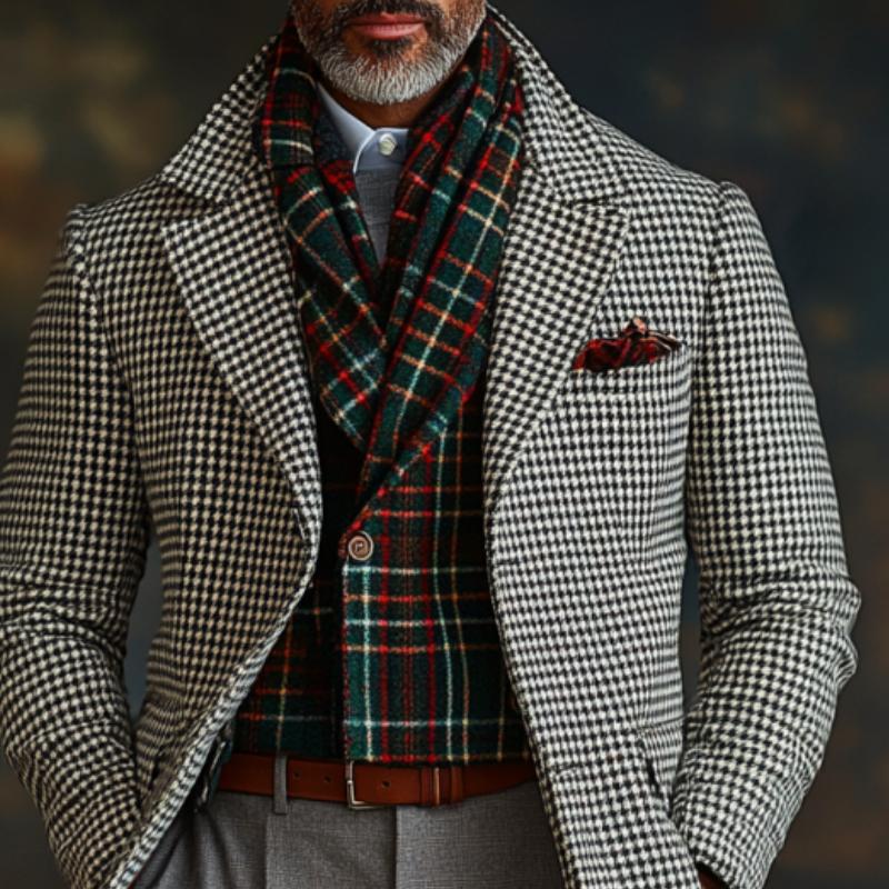 Men's Retro Business Houndstooth Lapel Single Breasted Mid-Length Coat 9261107904696