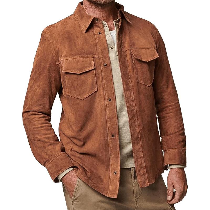Men's Solid Color Suede Lapel Single Breasted Shirt Jacket 9882788331704