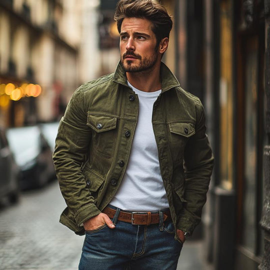 Men's Vintage Washed Denim Lapel Single Breasted Multi-Pocket Jacket 9887361040568