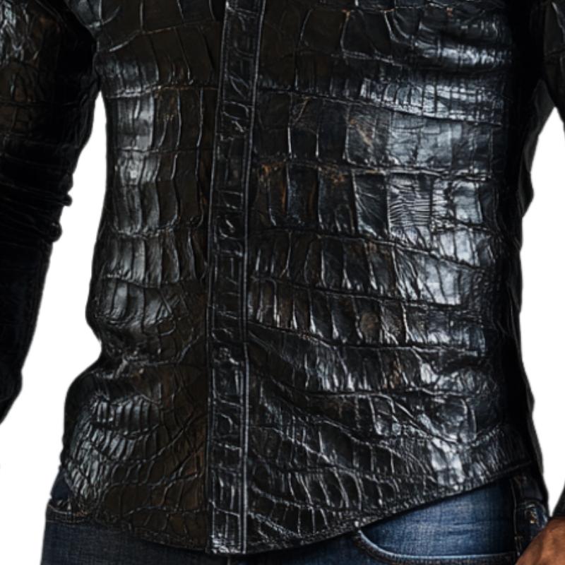 Men's Casual Black Lapel Textured Leather Shirt 9886816370872