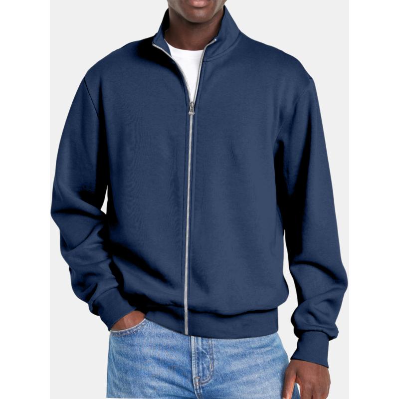 Men's Solid Color Zipper Stand Collar Long Sleeve Sweatshirt Jacket 9261085262008