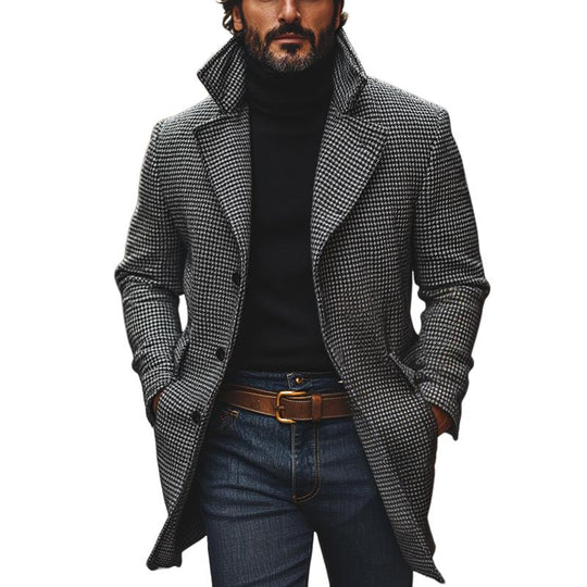 Men's Classic Houndstooth Notch Lapel Single Breasted Mid-Length Coat 9261104070840