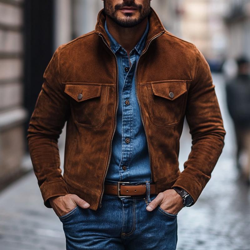 Men's Casual Suede Stand Collar Single Breasted Slim Fit Jacket 9878729425080