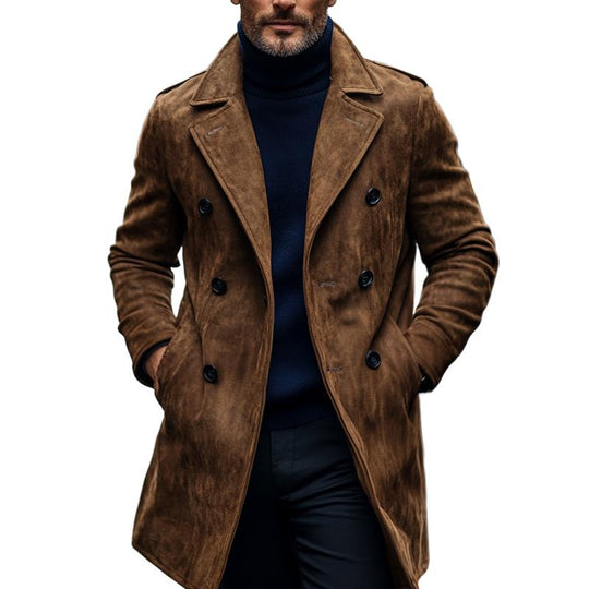 Men's Fashion Suede Notch Lapel Double Breasted Mid-length Coat 9261108986040