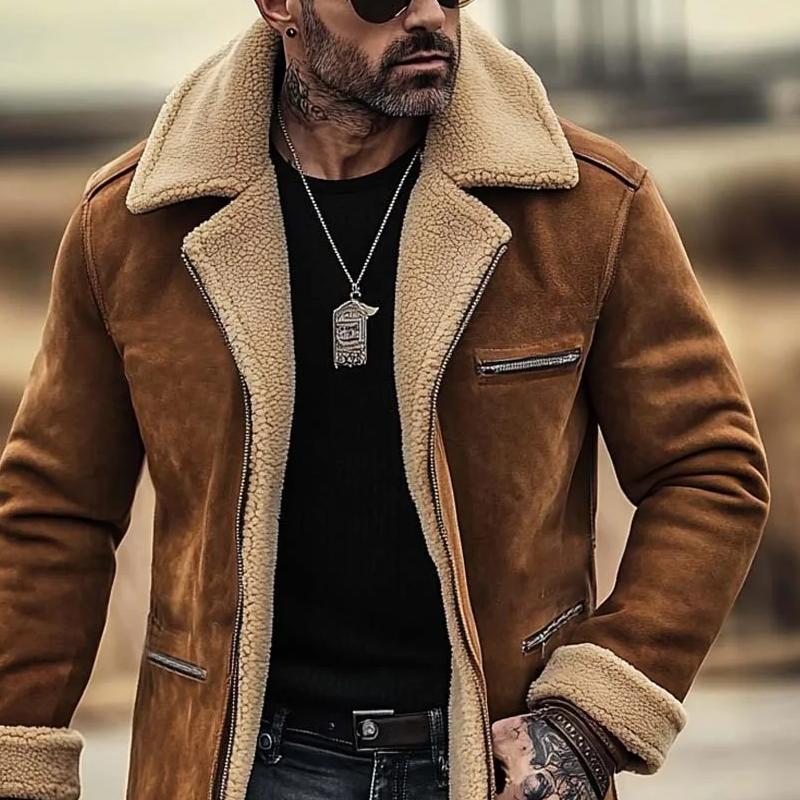 Men's Fleece Suede Lapel Suede Single Breasted Multi-pocket Coat 9261105250488