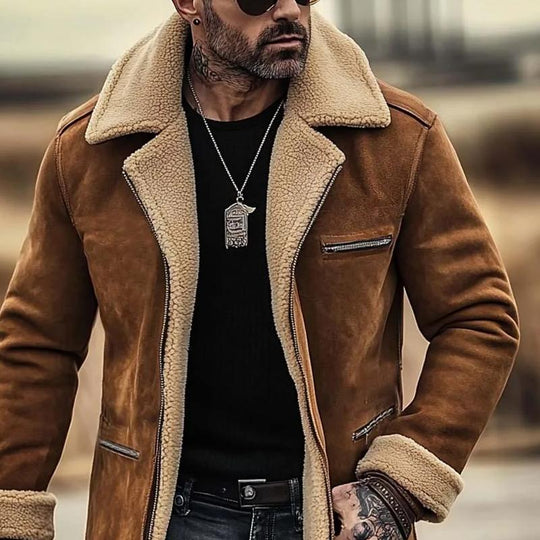 Men's Fleece Suede Lapel Suede Single Breasted Multi-pocket Coat 9261105250488
