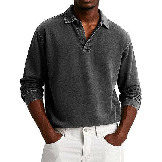 Men's Vintage Washed Button Down Lapel Long Sleeve Polo Shirt 9883355349176