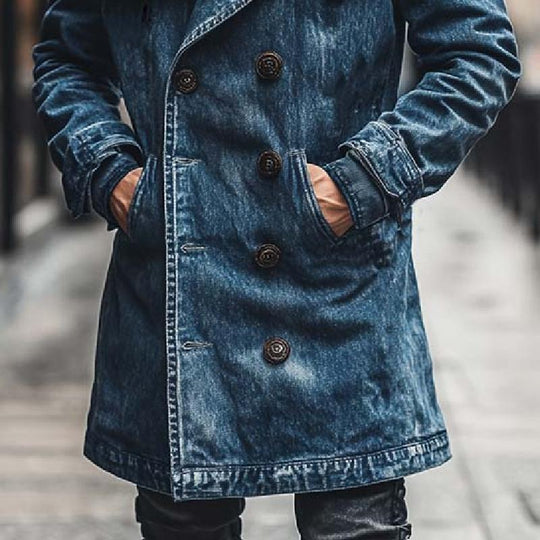 Men's Classic Casual Double Breasted Multi-Length Thigh-Length Denim Jacket 9266614501560