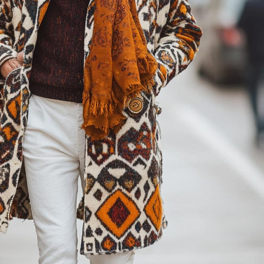 Men's Retro Colorful Ethnic Pattern Printed Woolen Mid-Length Coat 9261110526136