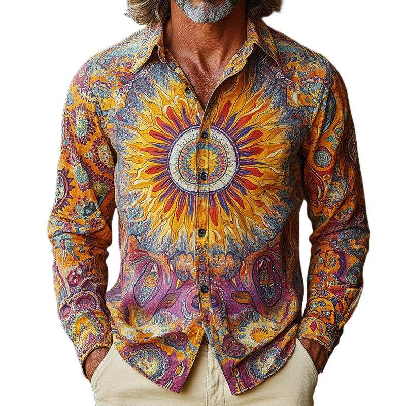 Men's Retro Casual Sun God Print Lapel Long Sleeve Shirt 9884642181304