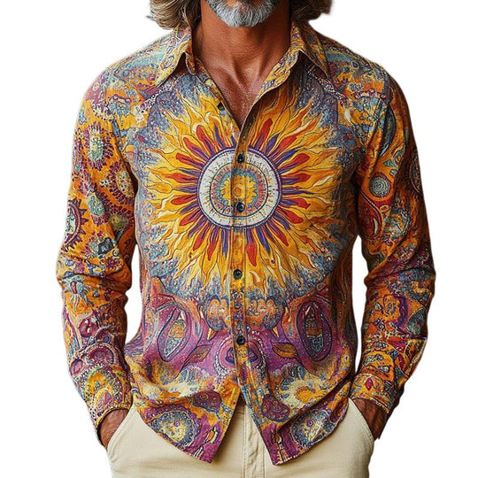 Men's Retro Casual Sun God Print Lapel Long Sleeve Shirt 9884642181304