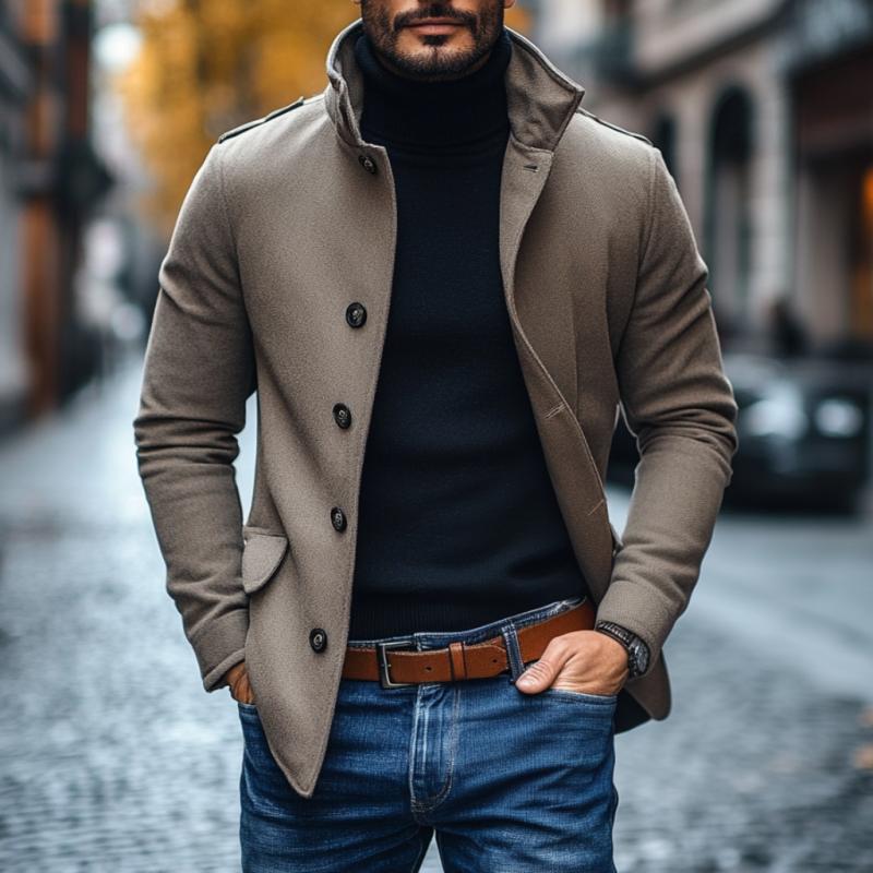 Men's Casual Wool Blend Lapel Single-breasted Slim Short Coat 9261102334136